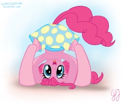 Size: 1400x1200 | Tagged: safe, artist:glancojusticar, character:pinkie pie, species:earth pony, species:pony, g4, boxers, clothing, female, looking at you, looking between legs, mare, plot, polka dot underwear, ponies in boxers, presenting, solo, underwear