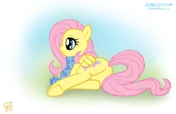 Size: 1300x840 | Tagged: safe, artist:glancojusticar, character:fluttershy, species:pegasus, species:pony, clothing, female, flutterbutt, gradient background, mare, plot, profile, prone, scarf, solo, underhoof