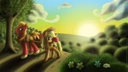 Size: 1920x1080 | Tagged: safe, artist:glancojusticar, character:apple bloom, character:applejack, character:big mcintosh, species:earth pony, species:pony, g4, apple siblings, apple sisters, brother and sister, female, filly, flower, foal, male, mare, siblings, sisters, sleeping, stallion, sunset, tree, trio, wallpaper