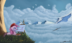 Size: 4500x2700 | Tagged: safe, artist:auroriia, character:pinkie pie, species:bird, beret, canvas, cloud, cloudy, mountain, painting, scenery, sky