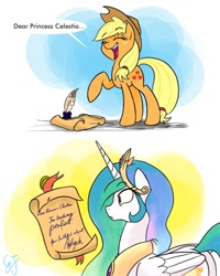 Size: 1024x1280 | Tagged: safe, artist:glancojusticar, character:applejack, character:princess celestia, species:alicorn, species:earth pony, species:pony, episode:the super speedy cider squeezy 6000, g4, my little pony: friendship is magic, comic, dear princess celestia, female, i didn't learn anything, letter, mare, quill, this will end in tears and/or a journey to the moon