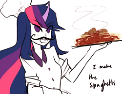 Size: 1126x876 | Tagged: safe, artist:ghost, character:twilight sparkle, chef, chef's hat, clothing, food, hat, horned humanization, humanized, moustache, spaghetti
