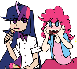 Size: 1038x934 | Tagged: safe, artist:ghost, character:pinkie pie, character:twilight sparkle, ship:twinkie, blushing, cake, chef, eating, female, food, horned humanization, humanized, lesbian, shipping
