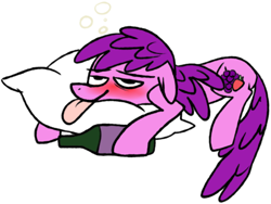 Size: 500x375 | Tagged: safe, artist:ghost, character:berry punch, character:berryshine, alcohol, blushing, bottle, drink, drunk, female, palindrome get, pillow, solo, tongue out