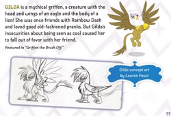 Size: 1574x1070 | Tagged: safe, artist:lauren faust, character:gilda, species:griffon, elements of harmony, flying, frown, glare, guidebook, looking at you, spread wings, text, what could have been, wings