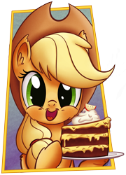Size: 2141x2973 | Tagged: safe, artist:pirill, character:applejack, species:pony, cake, cream, cute, female, fluffy, hoof hold, jackabetes, looking at you, open mouth, smiling, solo