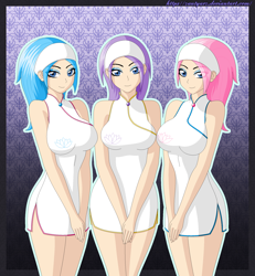 Size: 1850x2000 | Tagged: safe, artist:zantyarz, character:aloe, character:lotus blossom, character:vera, species:human, bedroom eyes, breasts, clothing, cute, eye clipping through hair, female, humanized, looking at you, smiling, spa twins, trio