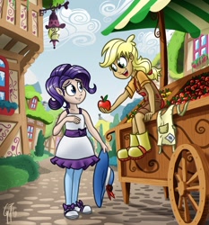 Size: 1400x1500 | Tagged: safe, artist:glancojusticar, character:applejack, character:rarity, species:human, apple, cart, clothing, cute, duo, elf ears, female, food, hat, humanized, jackabetes, looking at each other, open mouth, raribetes, smiling, unicorns as elves, working, younger