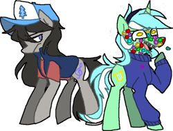 Size: 500x379 | Tagged: safe, artist:ghost, character:lyra heartstrings, character:octavia melody, species:earth pony, species:pony, species:unicorn, braces, cap, clothing, crossover, dipper pines, duo, gem, gravity falls, hat, mabel pines, octavia is not amused, parody, shirt, silly, silly pony, simple background, smiling, sweater, t-shirt, transparent background, unamused