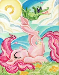 Size: 629x800 | Tagged: safe, artist:sararichard, character:gummy, character:pinkie pie, cute, diapinkes, duo, eyes closed, heart, legs in air, on back, open mouth, traditional art