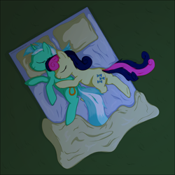 Size: 3000x3000 | Tagged: safe, artist:stinkehund, character:bon bon, character:lyra heartstrings, character:sweetie drops, species:earth pony, species:pony, species:unicorn, ship:lyrabon, bed, blanket, eyes closed, female, fluffy, grass, lesbian, night, outdoors, shipping, sleeping, smiling