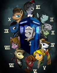 Size: 850x1100 | Tagged: safe, artist:d-lowell, character:doctor whooves, character:time turner, doctor who, eighth doctor, eleventh doctor, fifth doctor, first doctor, fourth doctor, glasses, ninth doctor, ponified, second doctor, seventh doctor, sixth doctor, tardis, tenth doctor, third doctor