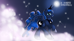 Size: 3000x1687 | Tagged: safe, artist:malamol, character:princess luna, cloud, cloudy, female, grin, looking at you, night, raised hoof, raised leg, smiling, solo, spread wings, stars, wings