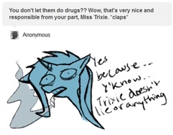 Size: 510x397 | Tagged: safe, artist:ghost, character:trixie, species:pony, species:unicorn, ask, ask-stoned-trixie, drugs, joint, marijuana, stoned trixie, tumblr