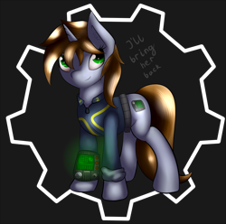 Size: 1600x1590 | Tagged: safe, artist:capseys, oc, oc only, oc:littlepip, species:pony, species:unicorn, fallout equestria, clothing, cutie mark, fanfic, fanfic art, female, gears, hooves, horn, mare, pipbuck, smiling, solo, stable door background, vault suit