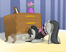 Size: 1280x1024 | Tagged: safe, artist:frankier77, character:octavia melody, cleaning, clothing, costume, drawer, dust, duster, face down ass up, featureless crotch, female, maid, mouth hold, plot, solo