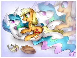 Size: 800x600 | Tagged: safe, artist:ep-777, character:applejack, character:princess celestia, species:alicorn, species:earth pony, species:pony, ship:applelestia, cuddling, cute, eye contact, female, lesbian, missing accessory, on back, on top, prone, shipping, smiling, snuggling