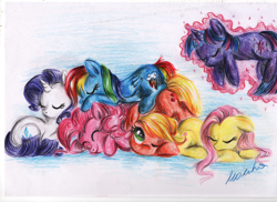 Size: 1024x744 | Tagged: safe, artist:buttersprinkle, character:applejack, character:fluttershy, character:pinkie pie, character:rainbow dash, character:rarity, character:twilight sparkle, cuddle puddle, eyes closed, floating, floppy ears, levitation, magic, mane six, prone, self-levitation, sleeping, smiling, snuggling, telekinesis, traditional art, wink