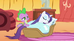 Size: 1920x1080 | Tagged: safe, artist:stinkehund, character:rarity, character:spike, species:dragon, ship:sparity, basket, female, interspecies, library, male, pony in a basket, shipping, sleeping, straight