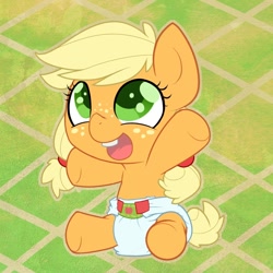 Size: 898x898 | Tagged: safe, artist:cuddlehooves, character:applejack, babyjack, cuddlehooves is trying to murder us, cute, cutie mark diapers, diaper, female, foal, jackabetes, pigtails, poofy diaper, sitting, solo, weapons-grade cute