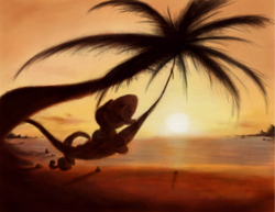 Size: 800x616 | Tagged: safe, artist:hewison, character:rarity, backlighting, beach, evening, female, hammock, hawaii, ocean, palm tree, shore, solo, sunset, tree, tropical