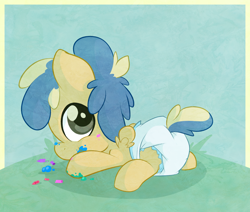 Size: 1098x929 | Tagged: safe, artist:cuddlehooves, oc, oc only, oc:cobalt arrow, species:pony, baby, baby pony, crayons, cuddlehooves is trying to murder us, cute, diaper, female, filly, foal, poofy diaper, solo