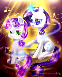 Size: 1200x1500 | Tagged: safe, artist:aquagalaxy, character:rarity, character:sweetie belle, crying, magic, music notes