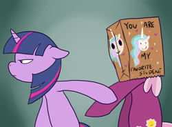 Size: 770x568 | Tagged: safe, artist:pixel-prism, character:cheerilee, character:princess celestia, character:twilight sparkle, species:pony, ship:twilestia, bag on head, bipedal, female, lesbian, paper bag, roleplaying, shipping, twilight sparkle's secret shipfic folder, voice actor joke