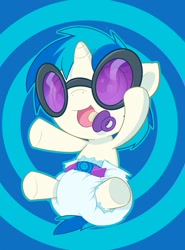 Size: 947x1280 | Tagged: safe, artist:cuddlehooves, character:dj pon-3, character:vinyl scratch, species:pony, species:unicorn, baby, baby pony, cuddlehooves is trying to murder us, cute, diaper, female, filly, foal, hooves, horn, open mouth, pacifier, poofy diaper, solo, sunglasses, vinylbetes