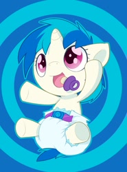 Size: 947x1280 | Tagged: safe, artist:cuddlehooves, character:dj pon-3, character:vinyl scratch, species:pony, baby, baby pony, cuddlehooves is trying to murder us, cute, diaper, female, foal, pacifier, poofy diaper, solo, vinylbetes
