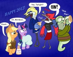 Size: 900x704 | Tagged: safe, artist:cartuneslover16, character:applejack, character:twilight sparkle, 2012, blondecai, clothing, comic sans, crossover, dress, fish hooks, gala dress, happy new year, margaret, mordecai, regular show, text