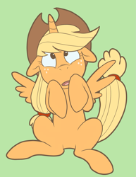Size: 1487x1925 | Tagged: safe, artist:pixel-prism, character:applejack, species:alicorn, species:pony, alicornified, applecorn, cross-eyed, everyone is an alicorn, female, floppy ears, green background, looking at something, looking up, on back, open mouth, race swap, simple background, solo, spread wings, wide eyes, wings