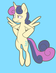 Size: 1487x1925 | Tagged: safe, artist:pixel-prism, character:bon bon, character:sweetie drops, species:alicorn, species:pony, alicornified, blue background, bon bon is not amused, bonicorn, everyone is an alicorn, female, race swap, raised eyebrow, simple background, solo, unamused