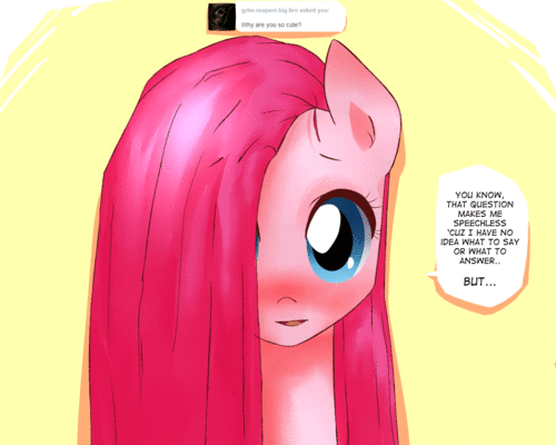 Size: 500x400 | Tagged: safe, artist:frankier77, character:pinkamena diane pie, character:pinkie pie, ask pinkamena diane pie, animated, ask, blushing, cute, cuteamena, female, hair over one eye, solo, tumblr