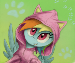 Size: 800x676 | Tagged: safe, artist:hewison, character:rainbow dash, species:pegasus, species:pony, cat ears, cat hoodie, clothing, cute, dashabetes, female, green background, hoodie, mare, paw prints, simple background, smiling, solo