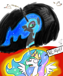 Size: 2500x3000 | Tagged: safe, artist:enma-darei, character:nightmare moon, character:princess celestia, character:princess luna, species:alicorn, species:pony, :t, blep, condiment, condiments, derp, female, grin, lidded eyes, mare, neigh, open mouth, simple background, smiling, spread wings, tongue out, wat, white background, wings