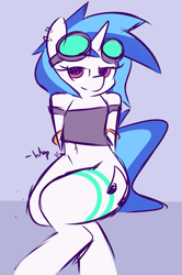 Size: 897x1352 | Tagged: safe, artist:whoop, character:dj pon-3, character:vinyl scratch, species:pony, species:unicorn, bedroom eyes, blue background, bottomless, clothing, female, goggles, looking at you, mare, semi-anthro, simple background, sitting, smiling, solo