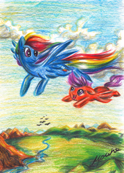 Size: 3172x4437 | Tagged: safe, artist:buttersprinkle, character:rainbow dash, character:scootaloo, species:pegasus, species:pony, colored pencil drawing, flying, scootaloo can fly, traditional art