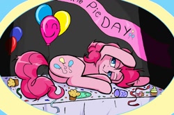 Size: 1280x852 | Tagged: safe, artist:sallycars, character:pinkie pie, species:earth pony, species:pony, g4, balloon, banner, confetti, cupcake, ms paint, muffin, solo, table, text, tired