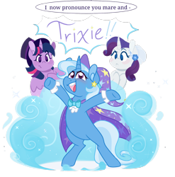 Size: 1266x1280 | Tagged: safe, artist:bubaluv, character:rarity, character:trixie, character:twilight sparkle, species:alicorn, species:pony, species:unicorn, ship:rarilight, g4, annoyed, bipedal, dialogue, inconvenient trixie, interrupted, simple background, smoke, top hat, transparent background, wedding