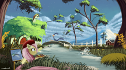 Size: 3576x2000 | Tagged: safe, artist:auroriia, character:fluttershy, beret, bridge, canvas, cloud, cloudy, crossover, easel, fluttershy's cottage, grass, looney tunes, mountain, painting, plein air, river, road runner, scenery, stars, stream, tree
