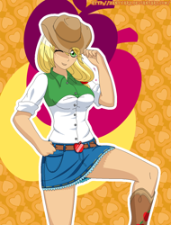 Size: 950x1250 | Tagged: safe, artist:zantyarz, character:applejack, my little pony:equestria girls, adorasexy, belt, breasts, busty applejack, clothing, cowboy hat, cute, denim skirt, female, hat, hat tip, sexy, skirt, smiling, solo, stetson, wink