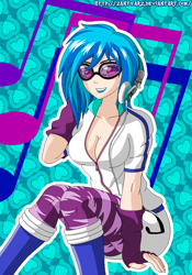 Size: 700x1000 | Tagged: safe, artist:zantyarz, edit, character:dj pon-3, character:vinyl scratch, species:human, breasts, busty vinyl scratch, cleavage, equestria girls outfit, female, human coloration, humanized, solo
