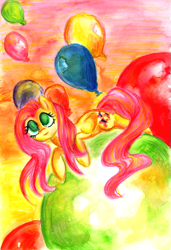 Size: 591x864 | Tagged: safe, artist:buttersprinkle, character:fluttershy, balloon, female, solo, traditional art