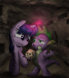 Size: 600x675 | Tagged: safe, artist:hewison, character:spike, character:twilight sparkle, glowing horn, human skull, skull