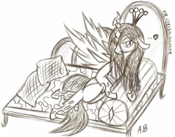 Size: 2074x1624 | Tagged: safe, artist:rossmaniteanzu, character:queen chrysalis, antagonist, bedroom eyes, female, heart, monochrome, on side, pillow, sketch, solo, traditional art