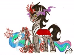 Size: 1899x1420 | Tagged: safe, artist:rossmaniteanzu, character:king sombra, character:princess celestia, bad end, chains, crying, dark magic, defeated, enslaved, femsub, magic, slave, sombra eyes, sublestia, submissive, the bad guy wins, traditional art