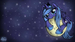 Size: 1920x1080 | Tagged: safe, artist:malamol, character:princess luna, biting, cute, fangs, female, filly, looking at you, lunabetes, moon, nom, smiling, solo, tangible heavenly object, wallpaper, woona, younger