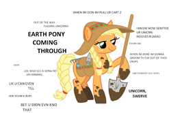 Size: 1200x797 | Tagged: safe, artist:lauren faust, artist:lovingtolerance, edit, character:applejack, species:earth pony, species:pony, caption, clothing, crops, earth pony master race, extreme, extreme advertising, female, glorious master race, hardcore, hat, image macro, mare, mirrored, mouthpiece, mud, mud pony, out of character, peasant coming through, shovel, simple background, solo, swerve, text, trowel, vulgar, white background