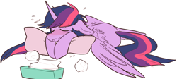 Size: 1280x572 | Tagged: safe, artist:ghost, character:twilight sparkle, character:twilight sparkle (alicorn), species:alicorn, species:pony, g4, blushing, crying, eyes closed, female, floppy ears, harsher in hindsight, mare, pillow, plewds, prone, sick, simple background, solo, spread wings, sweat, tissue, tissue box, wavy mouth, white background, wings